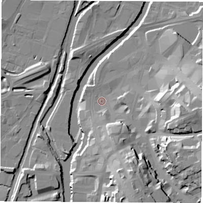 Shaded relief map of the ground around S601PQ, computed from Environment Agency LiDAR. The ground here sits at about 25 m above sea level and falls 31 m across the surrounding 800 m. Surface water reaching this point runs off ground lying to the east-south-east, 26.0 m higher.
