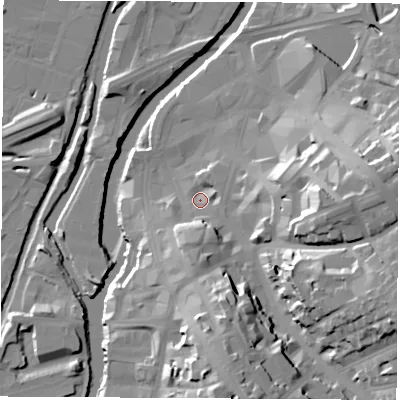 Shaded relief map of the ground around S601PW, computed from Environment Agency LiDAR. The ground here sits at about 27 m above sea level and falls 33 m across the surrounding 800 m. Surface water reaching this point runs off ground lying to the east-south-east, 26.8 m higher.