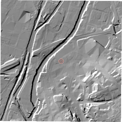 Shaded relief map of the ground around S601QB, computed from Environment Agency LiDAR. The ground here sits at about 26 m above sea level and falls 33 m across the surrounding 800 m. Surface water reaching this point runs off ground lying to the south-east, 2.5 m higher.