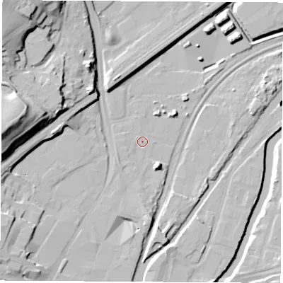 Shaded relief map of the ground around S601QF, computed from Environment Agency LiDAR. The ground here sits at about 24 m above sea level and falls 33 m across the surrounding 800 m. Surface water reaching this point runs off ground lying to the west, 0.6 m higher.