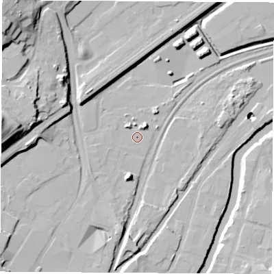 Shaded relief map of the ground around S601QG, computed from Environment Agency LiDAR. The ground here sits at about 24 m above sea level and falls 31 m across the surrounding 800 m. The ground contributing surface water to this point lies to the south-west.