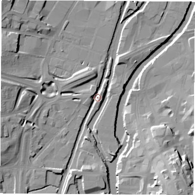 Shaded relief map of the ground around S601QH, computed from Environment Agency LiDAR. The ground here sits at about 25 m above sea level and falls 28 m across the surrounding 800 m. Surface water reaching this point runs off ground lying to the west-south-west, 12.4 m higher.