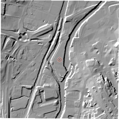 Shaded relief map of the ground around S601QJ, computed from Environment Agency LiDAR. The ground here sits at about 26 m above sea level and falls 32 m across the surrounding 800 m. The ground contributing surface water to this point lies to the west.
