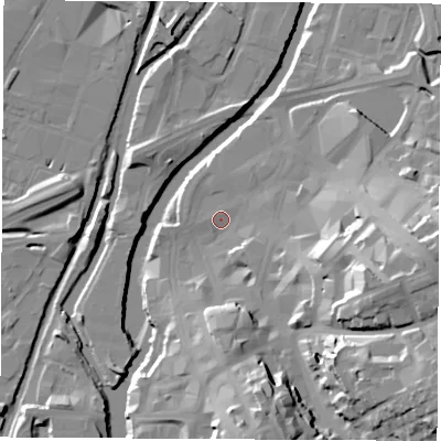 Shaded relief map of the ground around S601QN, computed from Environment Agency LiDAR. The ground here sits at about 25 m above sea level and falls 32 m across the surrounding 800 m. Surface water reaching this point runs off ground lying to the south-east, 27.1 m higher.