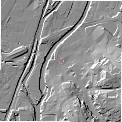 Shaded relief map of the ground around S601QP, computed from Environment Agency LiDAR. The ground here sits at about 25 m above sea level and falls 31 m across the surrounding 800 m. Surface water reaching this point runs off ground lying to the south-east, 26.7 m higher.