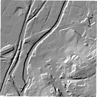 Shaded relief map of the ground around S601QQ, computed from Environment Agency LiDAR. The ground here sits at about 26 m above sea level and falls 33 m across the surrounding 800 m. Surface water reaching this point runs off ground lying to the south-east, 2.6 m higher.