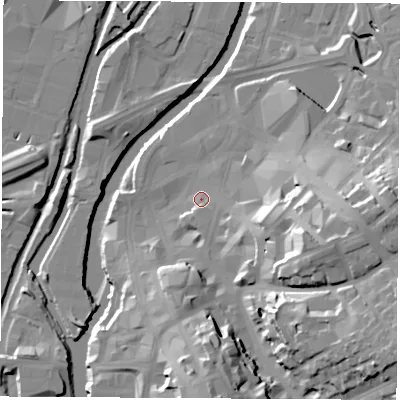 Shaded relief map of the ground around S601QU, computed from Environment Agency LiDAR. The ground here sits at about 27 m above sea level and falls 33 m across the surrounding 800 m. Surface water reaching this point runs off ground lying to the east-south-east, 23.2 m higher.