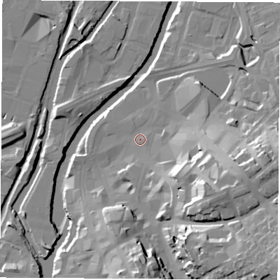 Shaded relief map of the ground around S601QX, computed from Environment Agency LiDAR. The ground here sits at about 27 m above sea level and falls 34 m across the surrounding 800 m. Surface water reaching this point runs off ground lying to the south-south-east, 2.1 m higher.