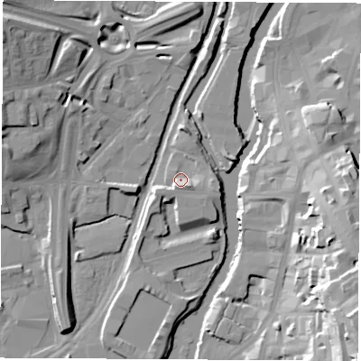 Shaded relief map of the ground around S601QY, computed from Environment Agency LiDAR. The ground here sits at about 27 m above sea level and falls 36 m across the surrounding 800 m. Surface water reaching this point runs off ground lying to the south-east, 4.3 m higher.