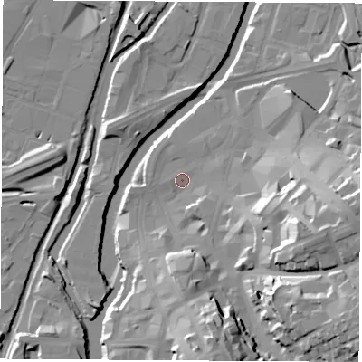 Shaded relief map of the ground around S601QZ, computed from Environment Agency LiDAR. The ground here sits at about 26 m above sea level and falls 32 m across the surrounding 800 m. Surface water reaching this point runs off ground lying to the south-east, 27.1 m higher.