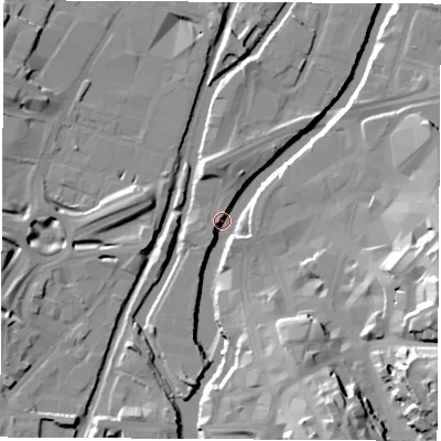 Shaded relief map of the ground around S601RB, computed from Environment Agency LiDAR. The ground here sits at about 25 m above sea level and falls 29 m across the surrounding 800 m. Surface water reaching this point runs off ground lying to the east-south-east, 29.2 m higher.