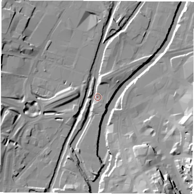 Shaded relief map of the ground around S601RD, computed from Environment Agency LiDAR. The ground here sits at about 25 m above sea level and falls 26 m across the surrounding 800 m. Surface water reaching this point runs off ground lying to the west-south-west, 9.4 m higher.