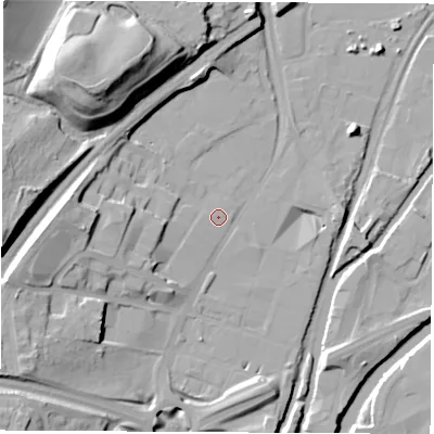 Shaded relief map of the ground around S601RF, computed from Environment Agency LiDAR. The ground here sits at about 26 m above sea level and falls 32 m across the surrounding 800 m. Surface water reaching this point runs off ground lying to the west-south-west, 0.9 m higher.