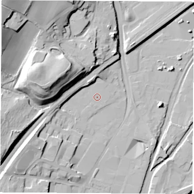 Shaded relief map of the ground around S601RH, computed from Environment Agency LiDAR. The ground here sits at about 26 m above sea level and falls 43 m across the surrounding 800 m. Surface water reaching this point runs off ground lying to the north-west, 36.8 m higher.