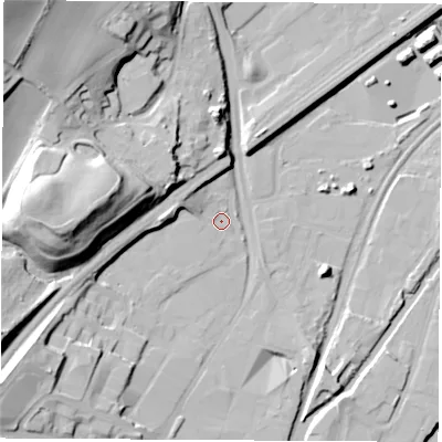 Shaded relief map of the ground around S601RJ, computed from Environment Agency LiDAR. The ground here sits at about 25 m above sea level and falls 43 m across the surrounding 800 m. Surface water reaching this point runs off ground lying to the west-north-west, 6.5 m higher.