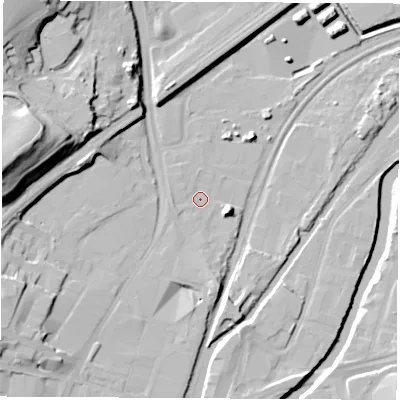 Shaded relief map of the ground around S601RP, computed from Environment Agency LiDAR. The ground here sits at about 24 m above sea level and falls 31 m across the surrounding 800 m. Surface water reaching this point runs off ground lying to the east-south-east, 7.4 m higher.