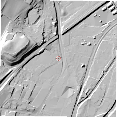 Shaded relief map of the ground around S601RQ, computed from Environment Agency LiDAR. The ground here sits at about 25 m above sea level and falls 36 m across the surrounding 800 m. Surface water reaching this point runs off ground lying to the west-north-west, 7.0 m higher.