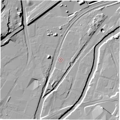 Shaded relief map of the ground around S601RR, computed from Environment Agency LiDAR. The ground here sits at about 24 m above sea level and falls 25 m across the surrounding 800 m. Surface water reaching this point runs off ground lying to the east-south-east, 1.8 m higher.