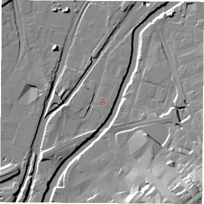 Shaded relief map of the ground around S601RU, computed from Environment Agency LiDAR. The ground here sits at about 24 m above sea level and falls 34 m across the surrounding 800 m. The ground contributing surface water to this point lies to the north-north-east.