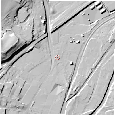 Shaded relief map of the ground around S601RW, computed from Environment Agency LiDAR. The ground here sits at about 25 m above sea level and falls 31 m across the surrounding 800 m. Surface water reaching this point runs off ground lying to the south-south-west, 0.9 m higher.