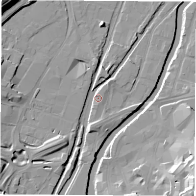 Shaded relief map of the ground around S601RY, computed from Environment Agency LiDAR. The ground here sits at about 26 m above sea level and falls 30 m across the surrounding 800 m. Surface water reaching this point runs off ground lying to the north, 5.5 m higher.
