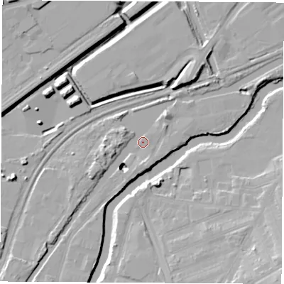 Shaded relief map of the ground around S601RZ, computed from Environment Agency LiDAR. The ground here sits at about 23 m above sea level and falls 19 m across the surrounding 800 m. Surface water reaching this point runs off ground lying to the south-west, 10.3 m higher.