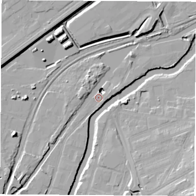Shaded relief map of the ground around S601SA, computed from Environment Agency LiDAR. The ground here sits at about 23 m above sea level and falls 21 m across the surrounding 800 m. Surface water reaching this point runs off ground lying to the north-east, 9.9 m higher.