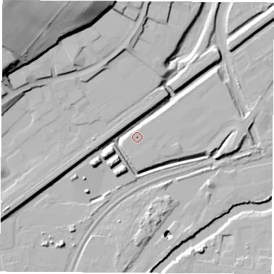 Shaded relief map of the ground around S601SD, computed from Environment Agency LiDAR. The ground here sits at about 26 m above sea level and falls 46 m across the surrounding 800 m. Surface water reaching this point runs off ground lying to the north-east, 4.8 m higher.