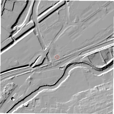 Shaded relief map of the ground around S601SG, computed from Environment Agency LiDAR. The ground here sits at about 24 m above sea level and falls 19 m across the surrounding 800 m. Surface water reaching this point runs off ground lying to the south-west, 0.8 m higher.