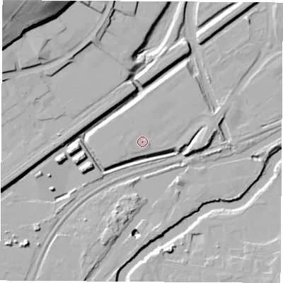 Shaded relief map of the ground around S601SL, computed from Environment Agency LiDAR. The ground here sits at about 26 m above sea level and falls 38 m across the surrounding 800 m. Surface water reaching this point runs off ground lying to the east-south-east, 1.2 m higher.