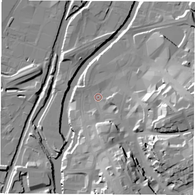 Shaded relief map of the ground around S601SN, computed from Environment Agency LiDAR. The ground here sits at about 25 m above sea level and falls 32 m across the surrounding 800 m. Surface water reaching this point runs off ground lying to the east-south-east, 27.1 m higher.