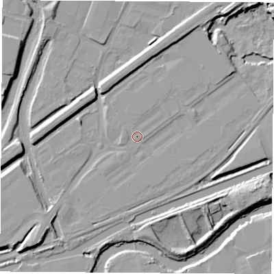 Shaded relief map of the ground around S601TG, computed from Environment Agency LiDAR. The ground here sits at about 24 m above sea level and falls 11 m across the surrounding 800 m. Surface water reaching this point runs off ground lying to the east, 0.6 m higher.