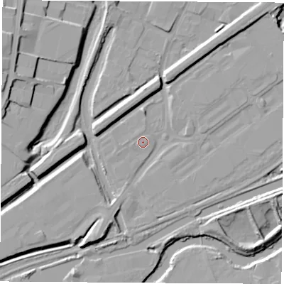 Shaded relief map of the ground around S601TU, computed from Environment Agency LiDAR. The ground here sits at about 24 m above sea level and falls 16 m across the surrounding 800 m. Surface water reaching this point runs off ground lying to the north, 6.2 m higher.
