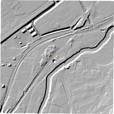 Shaded relief map of the ground around S601TY, computed from Environment Agency LiDAR. The ground here sits at about 24 m above sea level and falls 21 m across the surrounding 800 m. Surface water reaching this point runs off ground lying to the north-east, 2.9 m higher.