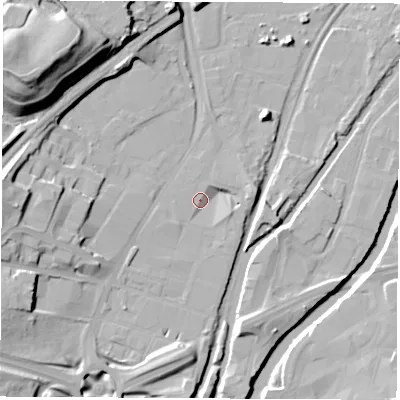 Shaded relief map of the ground around S601TZ, computed from Environment Agency LiDAR. The ground here sits at about 25 m above sea level and falls 32 m across the surrounding 800 m. Surface water reaching this point runs off ground lying to the south-west, 3.2 m higher.