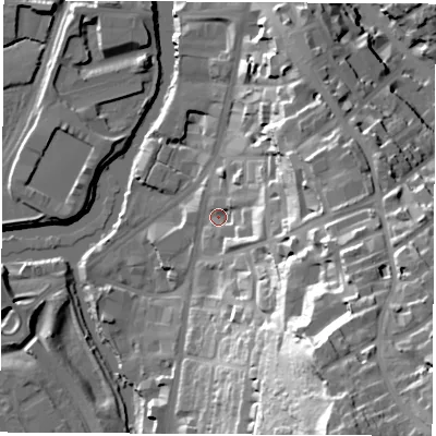 Shaded relief map of the ground around S602JB, computed from Environment Agency LiDAR. The ground here sits at about 31 m above sea level and falls 63 m across the surrounding 800 m. Surface water reaching this point runs off ground lying to the east-south-east, 17.4 m higher.
