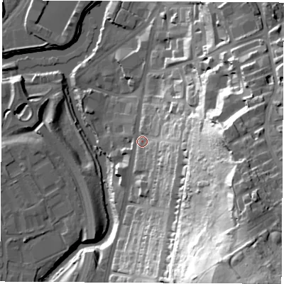 Shaded relief map of the ground around S602JF, computed from Environment Agency LiDAR. The ground here sits at about 32 m above sea level and falls 75 m across the surrounding 800 m. Surface water reaching this point runs off ground lying to the east, 48.6 m higher.