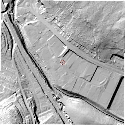 Shaded relief map of the ground around S602XL, computed from Environment Agency LiDAR. The ground here sits at about 34 m above sea level and falls 49 m across the surrounding 800 m. Surface water reaching this point runs off ground lying to the north-north-east, 5.6 m higher.