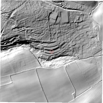 Shaded relief map of the ground around S604BG, computed from Environment Agency LiDAR. The ground here sits at about 53 m above sea level and falls 38 m across the surrounding 800 m. Surface water reaching this point runs off ground lying to the north-north-west, 9.5 m higher.
