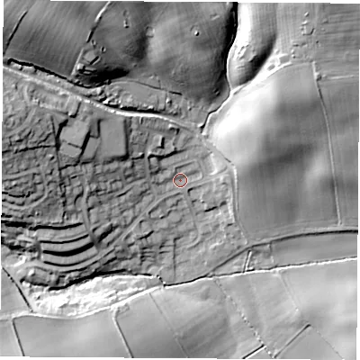 Shaded relief map of the ground around S604BH, computed from Environment Agency LiDAR. The ground here sits at about 53 m above sea level and falls 36 m across the surrounding 800 m. Surface water reaching this point runs off ground lying to the north-west, 28.9 m higher.