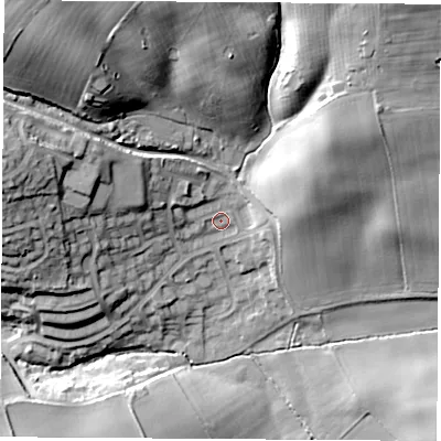 Shaded relief map of the ground around S604BJ, computed from Environment Agency LiDAR. The ground here sits at about 53 m above sea level and falls 36 m across the surrounding 800 m. Surface water reaching this point runs off ground lying to the west-north-west, 3.7 m higher.