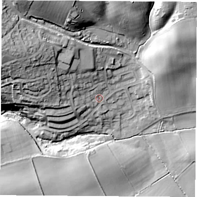 Shaded relief map of the ground around S604DB, computed from Environment Agency LiDAR. The ground here sits at about 54 m above sea level and falls 36 m across the surrounding 800 m. Surface water reaching this point runs off ground lying to the west-north-west, 19.9 m higher.