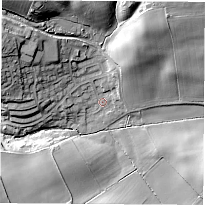 Shaded relief map of the ground around S604DQ, computed from Environment Agency LiDAR. The ground here sits at about 50 m above sea level and falls 29 m across the surrounding 800 m. Surface water reaching this point runs off ground lying to the north-west, 24.6 m higher.