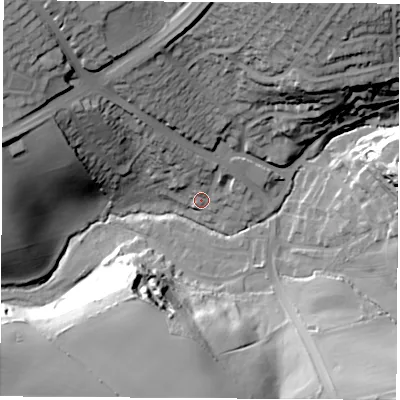Shaded relief map of the ground around S604HF, computed from Environment Agency LiDAR. The ground here sits at about 35 m above sea level and falls 43 m across the surrounding 800 m. Surface water reaching this point runs off ground lying to the north-north-west, 24.7 m higher.