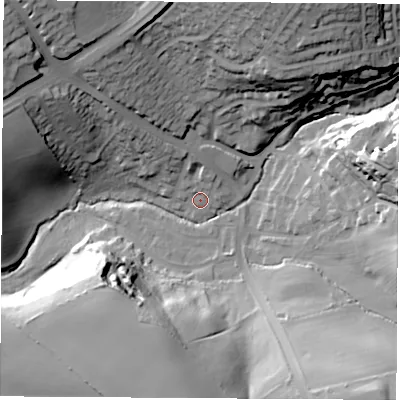 Shaded relief map of the ground around S604HG, computed from Environment Agency LiDAR. The ground here sits at about 35 m above sea level and falls 41 m across the surrounding 800 m. Surface water reaching this point runs off ground lying to the north, 5.7 m higher.