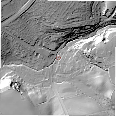 Shaded relief map of the ground around S604HH, computed from Environment Agency LiDAR. The ground here sits at about 34 m above sea level and falls 43 m across the surrounding 800 m. Surface water reaching this point runs off ground lying to the north-north-east, 37.6 m higher.