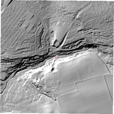 Shaded relief map of the ground around S604HP, computed from Environment Agency LiDAR. The ground here sits at about 42 m above sea level and falls 47 m across the surrounding 800 m. Surface water reaching this point runs off ground lying to the north-north-east, 39.7 m higher.