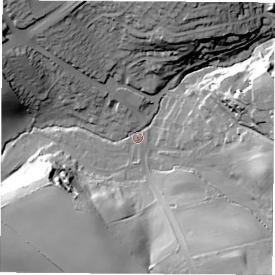 Shaded relief map of the ground around S604HQ, computed from Environment Agency LiDAR. The ground here sits at about 34 m above sea level and falls 40 m across the surrounding 800 m. Surface water reaching this point runs off ground lying to the south-east, 35.8 m higher.