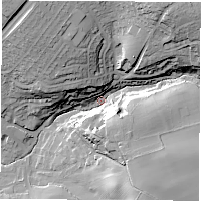 Shaded relief map of the ground around S604HT, computed from Environment Agency LiDAR. The ground here sits at about 40 m above sea level and falls 50 m across the surrounding 800 m. Surface water reaching this point runs off ground lying to the north-north-east, 40.7 m higher.
