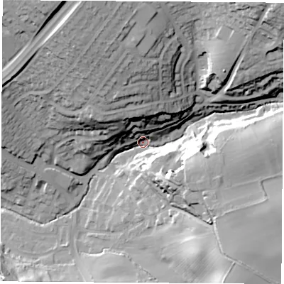 Shaded relief map of the ground around S604HU, computed from Environment Agency LiDAR. The ground here sits at about 38 m above sea level and falls 50 m across the surrounding 800 m. Surface water reaching this point runs off ground lying to the north-north-west, 42.2 m higher.